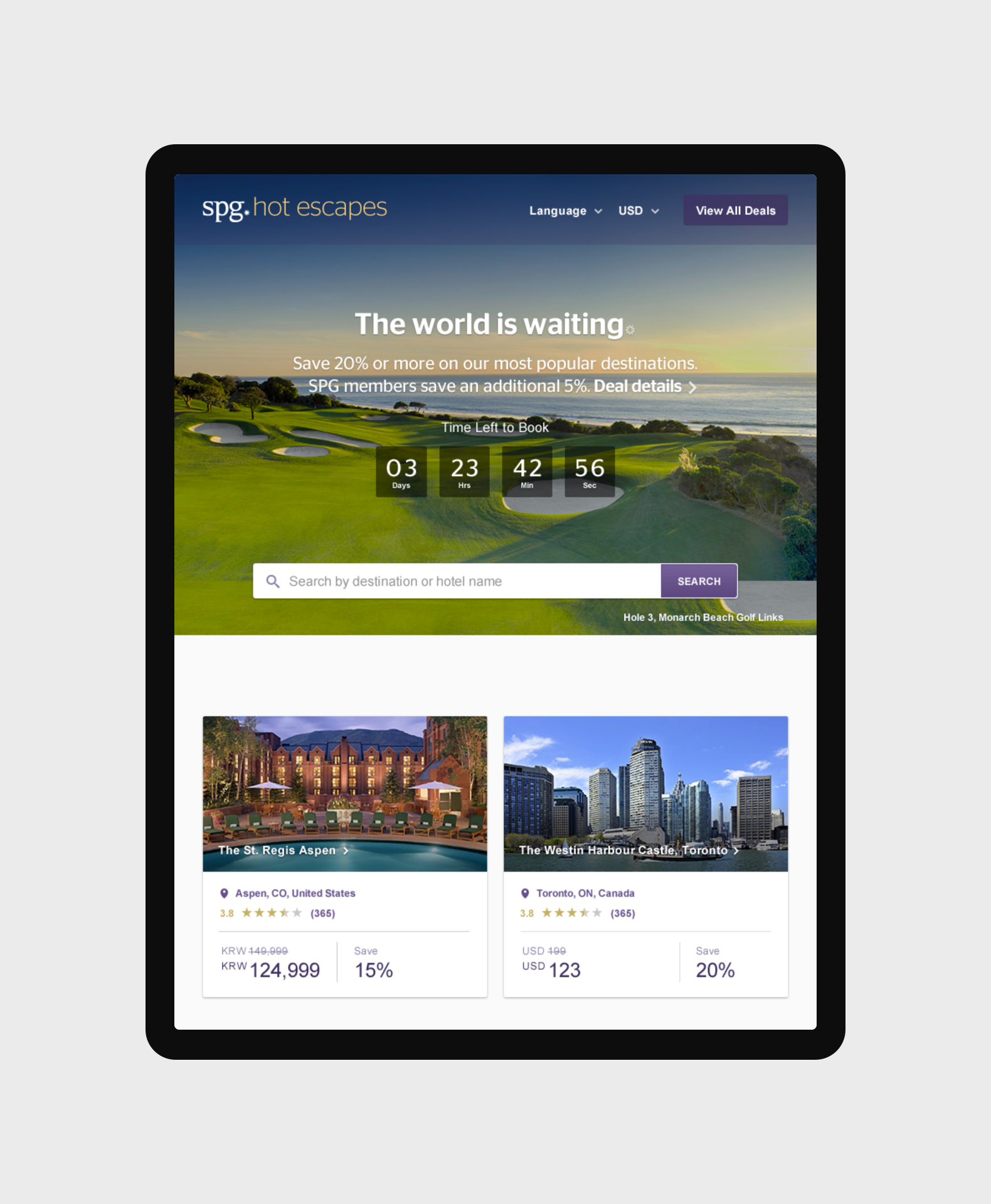 SPG Hot Escapes search results page - tablet